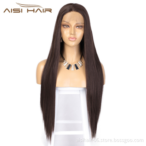 Aisi Hair Hot Selling Long Silky Straight Brown Wig Middle Part Swiss Lace Wig Cheap Synthetic Lace Front Wigs For Black Women